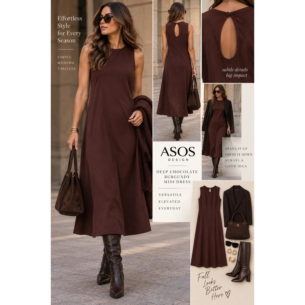 ASOS DESIGN Deep Chocolate Oxblood Midi Dress US 8 NWT Dark Romantic